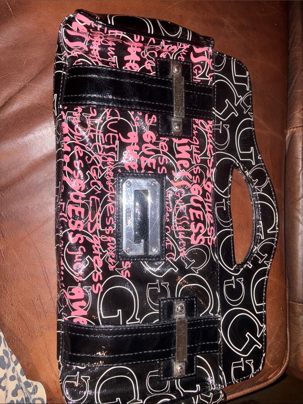 Guess Black Patent Clutch with Pink Logo Graffiti